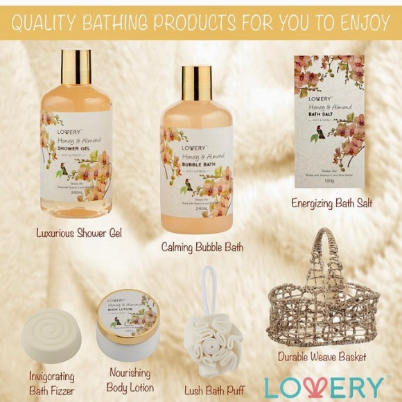 “Lovery” brand, 7 piece bath gift set in honey & almond scent -NWT - Picture 3 of 14